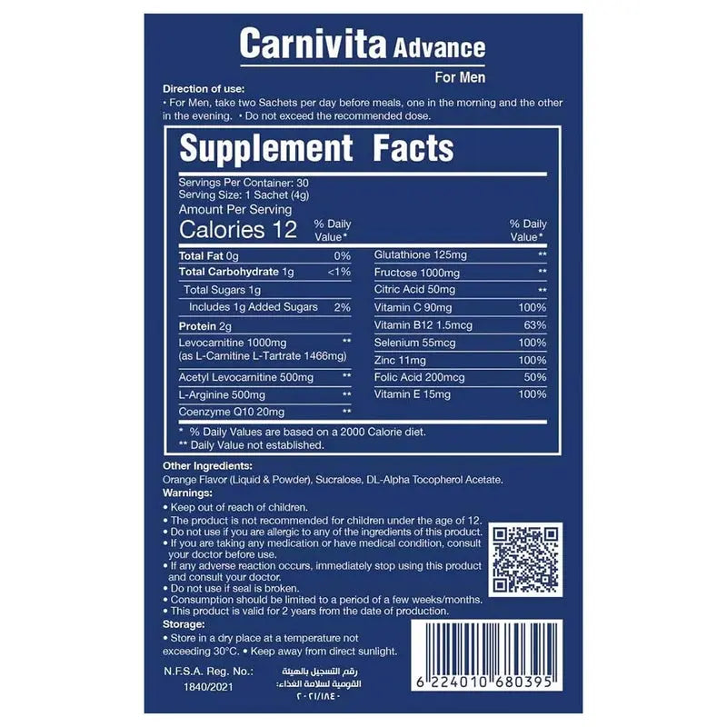 Eva Pharma Carnivita Advance Oral Powder Sachets For Men, Pack of 30's Eva Pharma