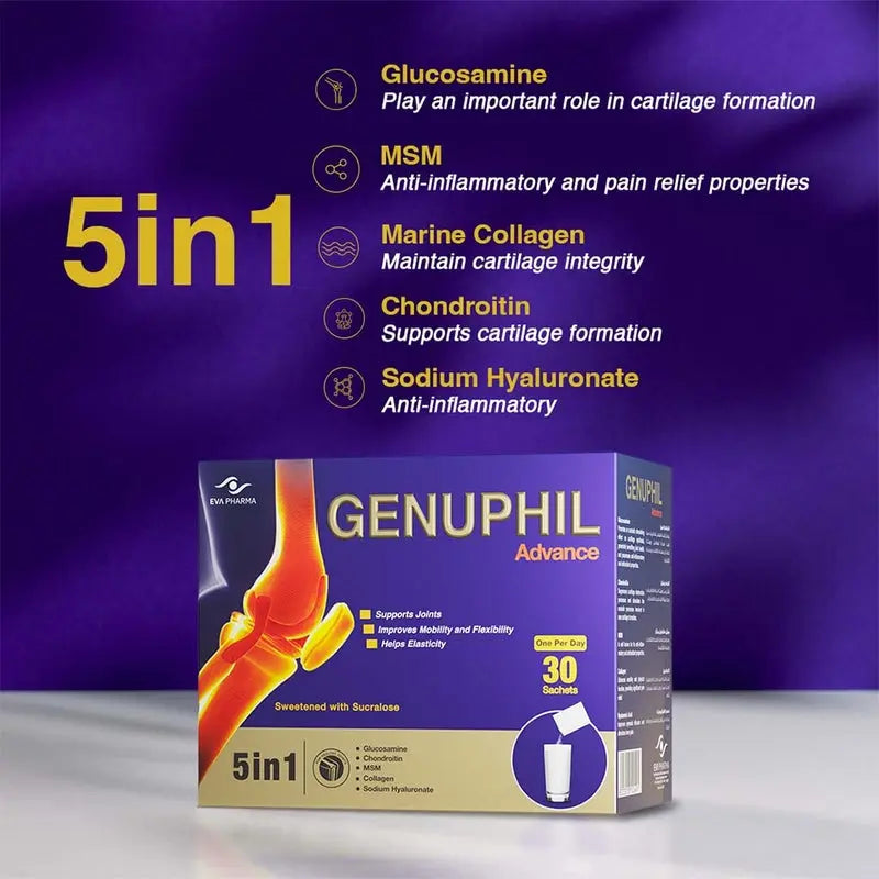 Eva Pharma Genuphil Advance 5-In-One Oral Powder Sachets For Healthy Joints, Pack of 30's Eva Pharma