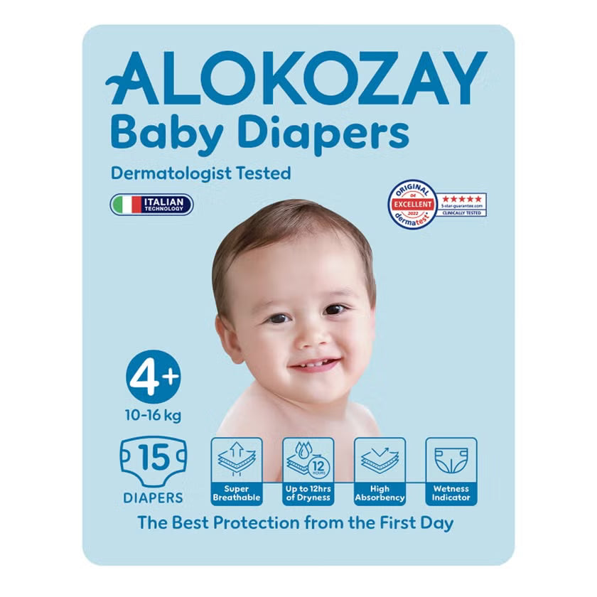 Alokozay Baby Diapers, Size 4+, 10-16kg, Pack of 15's
