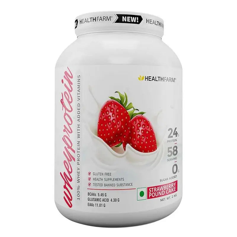 Healthfarm 100% Whey Protein Plus Powder, Strawberry Pound Cake Flavour 2kg - 55 Servings Healthfarm