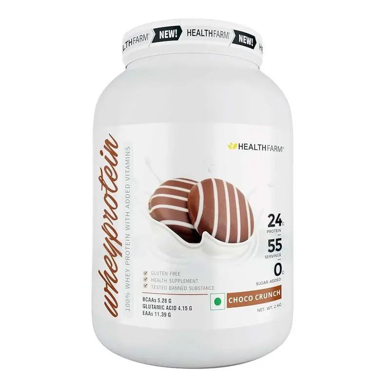 Healthfarm 100% Whey Protein Plus Powder, Choco Crunch Flavour 2kg - 55 Servings Healthfarm