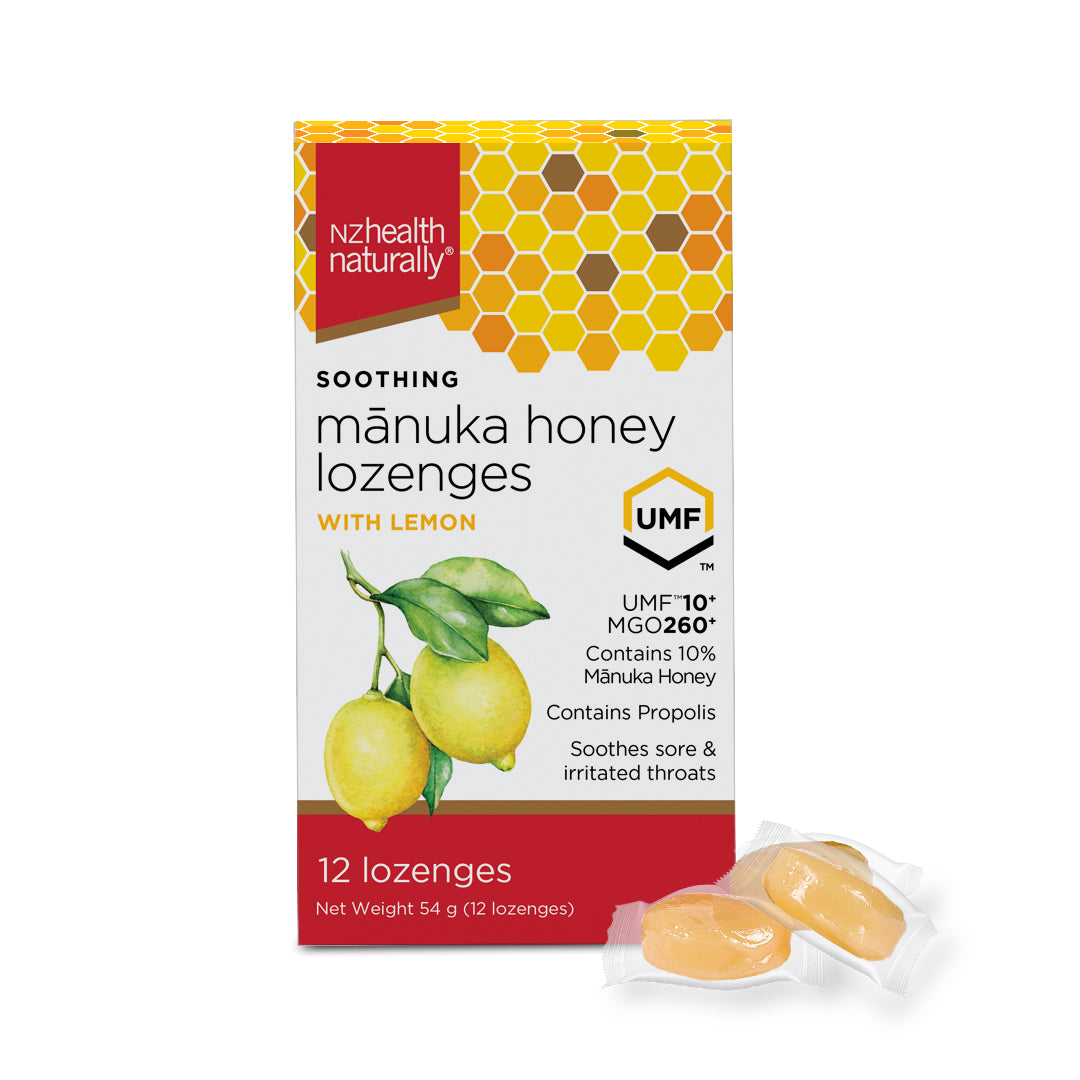 NZ Health UMF 10+ Manuka Honey Lozenges Lemon Soothing Relief with Propolis Menthol & Peppermint Oil - 12s