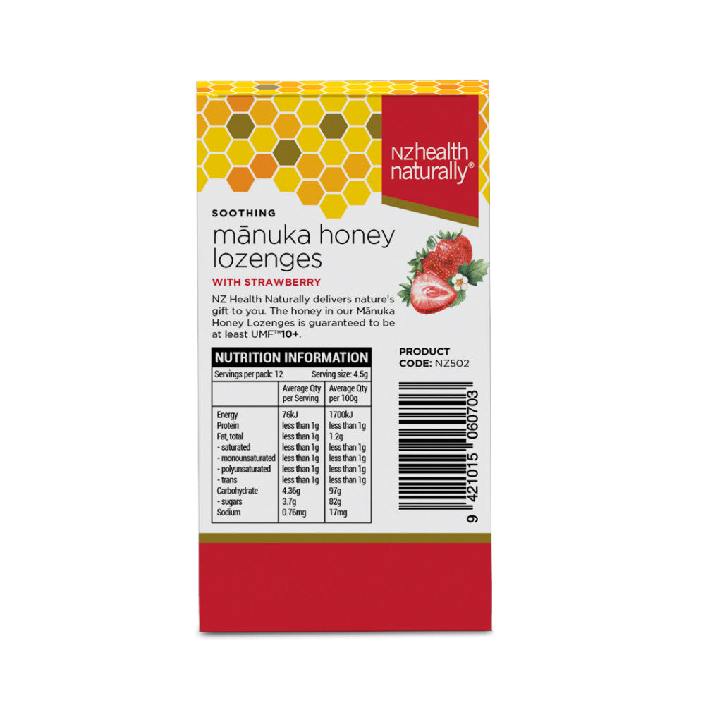 NZ Health UMF 10+ Manuka Honey Kids Lozenges Strawberry - Soothes Sore Throat with Propolis Natural & Safe - 12s