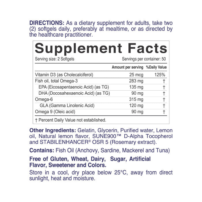 Nordic Sunshine Omega 3-6-9 688mg + Vitamin D3 25mcg, Hormone Support, Lemon Flavor - 100 Softgels