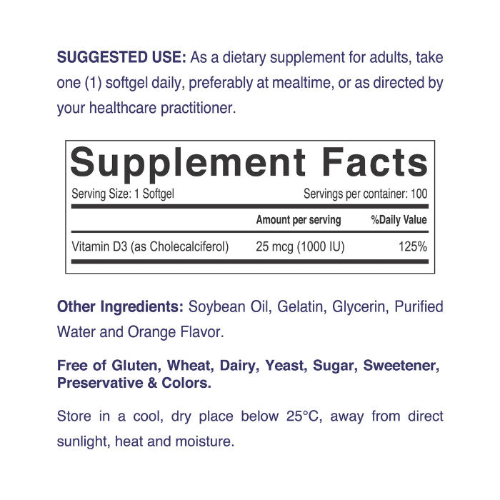 Nordic Sunshine Vitamin D3 1000 IU, Immune, Bone & Mood Support for Healthy Calcium Absorption – 100 Softgels