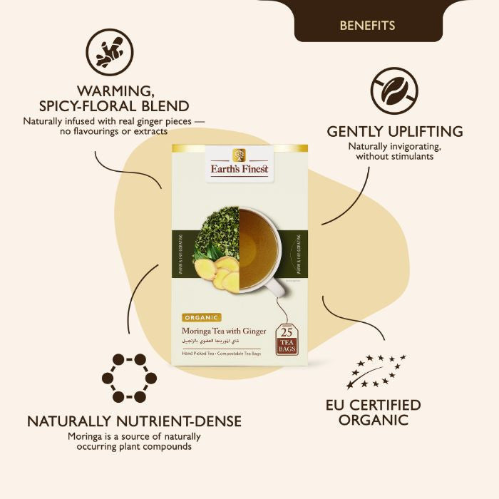 Earth’s Finest Organic Moringa with Ginger, Superfood Herbal Tea, Antioxidant-Rich, Caffeine-Free, 25 Bags