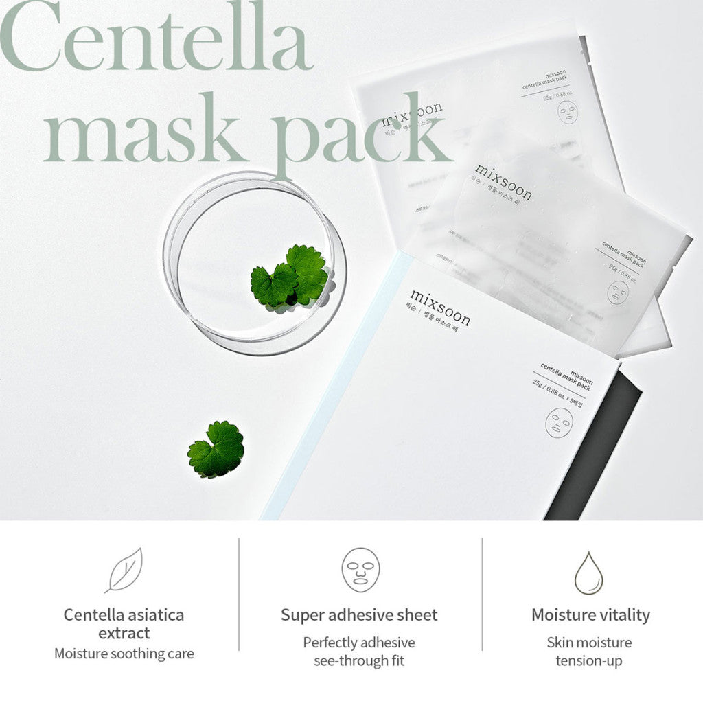 Mixsoon Centella Mask Pack 25g, Soothing Sheet with Asiatica Extract for Hydration and Skin Repair - 5pcs