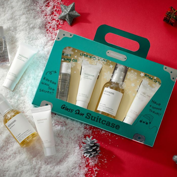 Mixsoon Glass Skin Suitcase – Travel Skincare Set with Bean Cleansing Oil, Centella Foam, Essence and Cream