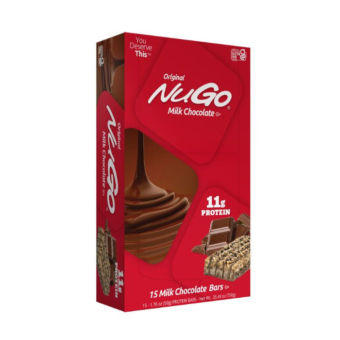 NuGo Original Milk Chocolate Protein Bar 50g, 11g Protein, Gluten Free Snack with Added Vitamins, Pack of 15 pcs