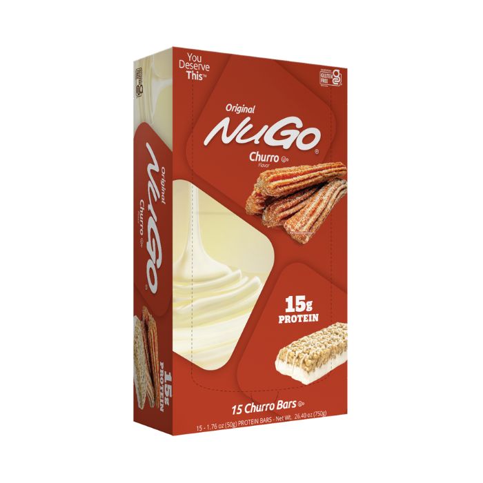 NuGo Original Churro Protein Bar 50g, 15g Protein, Gluten Free, Cinnamon Crunch Yogurt, Pack of 15 pcs