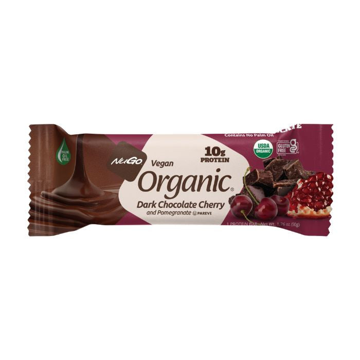 NuGo Organic Dark Chocolate Cherry Protein Bar 50g, Vegan, Gluten Free, 10g Plant Protein, Pack of 12 pcs