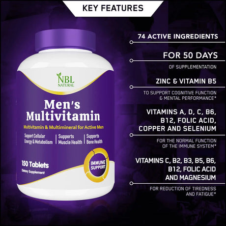NBL Natural High Potency Multivitamin for Active Men Muscle Health Support Immune Support Energy and Metabolism Support 150 Tablets NBL