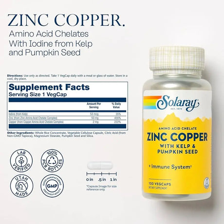 Solaray Amino Acid Chelate Zinc Copper Veg Capsules With Kelp & Pumpkin Seed For Healthy Immune System, Pack of 100's Solaray