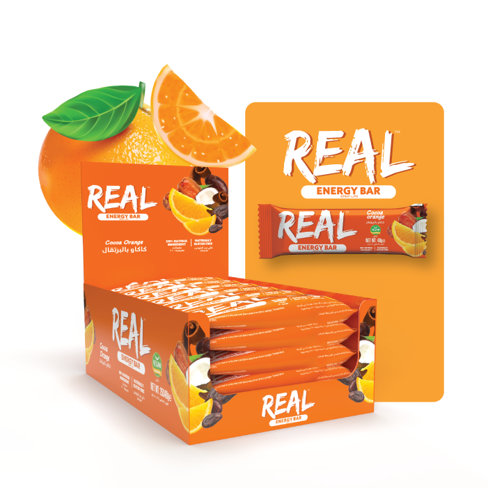 Real Energy Bar Cocoa Orange 40g - Box of 25 Pcs