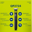 OneBlade QP2724/10,Trim, Edge & Shave Any Length of Hair,3 Stubble Combs, Dual-Sided Blade,Wet & Dry Use, 45min Cordless Use Black & Lime philips