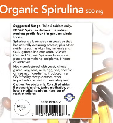 Now Organic Spirulina 500mg Antioxidant Tablets For Overall Health & Wellness, Pack of 200's