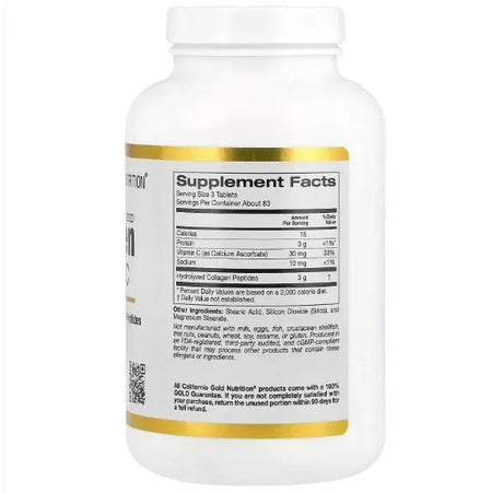 California Gold Nutrition Collagen Peptides Plus Vitamin C Dietary Supplement 250 Tablets California Gold Nutrition