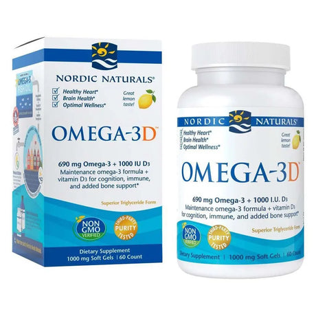 Nordic Naturals Omega 3D Omega 3 + Vitamin D3 Fish Oil Supplement Softgels - Lemon Flavour, Pack of 60's Nordic Naturals