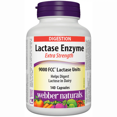 Webber Naturals Lactase Enzyme 9000 FCC* Lactose Units Extra Strength 60 Capsules Webber Naturals