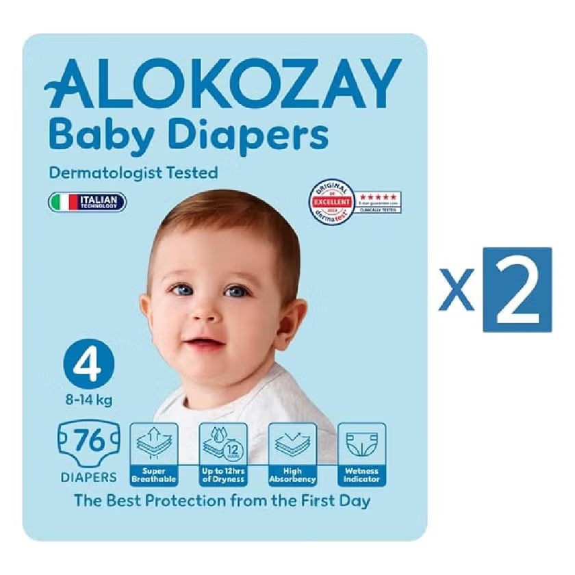 Alokozay Baby Diapers, Size 4, 8-14kg, Value Pack of 76x2's