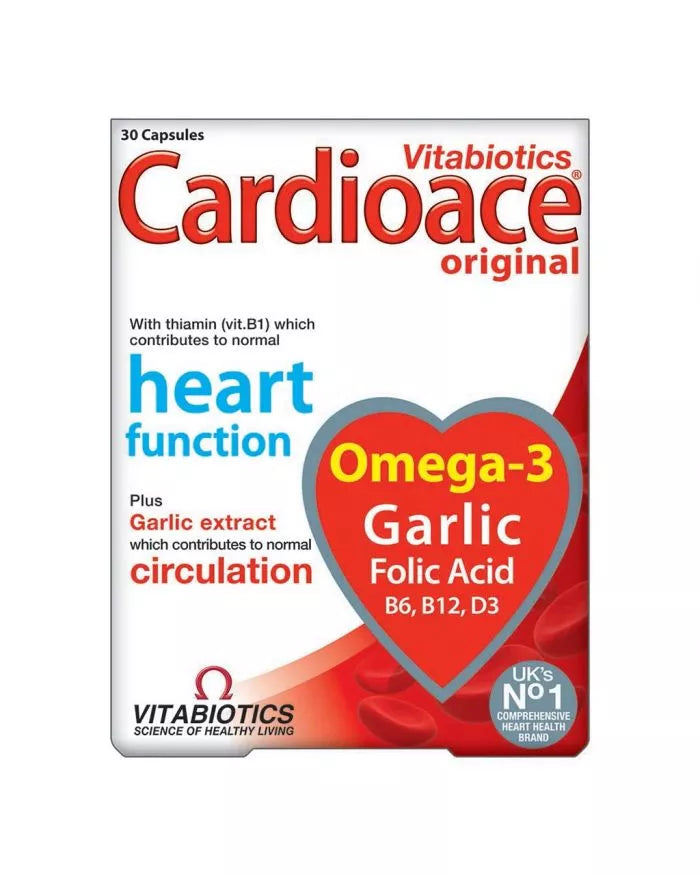 كبسولات Vitabiotics Cardioace الأصلية مع أوميغا 3 وحمض الفوليك والثيامين والثوم لوظيفة القلب الصحية، عبوة من 30 كبسولة