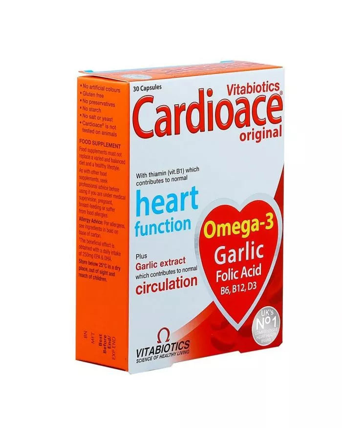 كبسولات Vitabiotics Cardioace الأصلية مع أوميغا 3 وحمض الفوليك والثيامين والثوم لوظيفة القلب الصحية، عبوة من 30 كبسولة