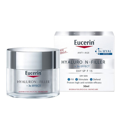 كريم النهار Eucerin Hyaluron-Filler 3x Effect المضاد للتجاعيد مع عامل حماية من الشمس SPF 15 للبشرة الجافة 50 مل