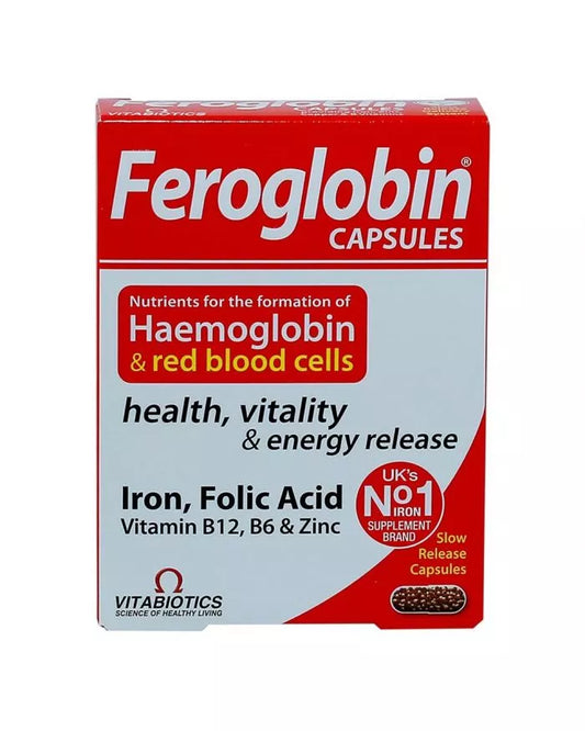 كبسولات فيتابيوتيكس فيروجلوبين ب12 مع الحديد وحمض الفوليك وفيتامين ب12 لمحاربة التعب، عبوة من 30 كبسولة