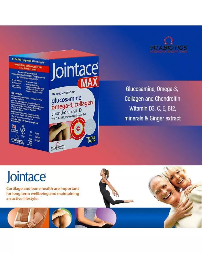 Vitabiotics Jointace Max For Healthy Bone & Cartilage, Triple Pack of Omega-3 Capsules 28's + Glucosamine, Turmeric & Chondroitin Tablets 28's + Collagen Tablets 28's