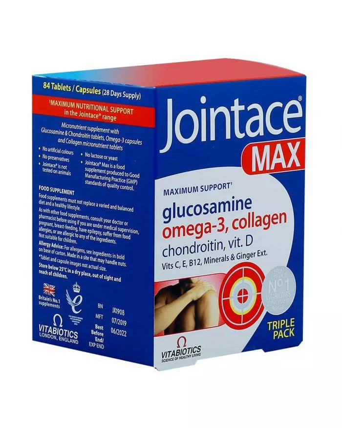 Vitabiotics Jointace Max For Healthy Bone & Cartilage, Triple Pack of Omega-3 Capsules 28's + Glucosamine, Turmeric & Chondroitin Tablets 28's + Collagen Tablets 28's