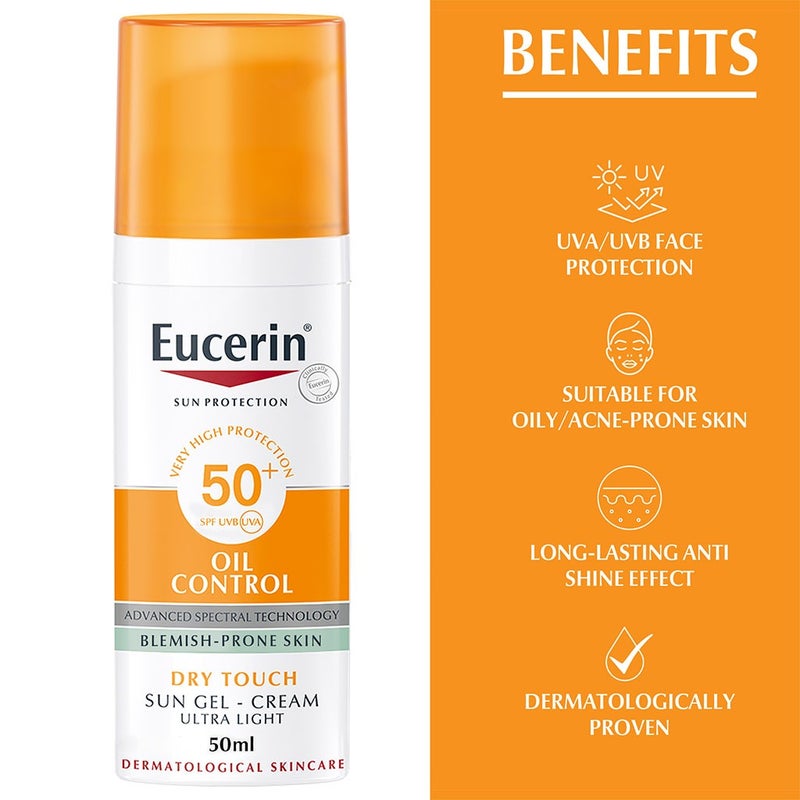 Eucerin Sun Oil Control SPF 50+ Sunscreen Gel Cream With Dry Touch & Anti-Shine Effect For Blemish Prone Skin 50ml