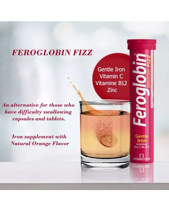 Vitabiotics Feroglobin Fizz Gentle Iron Effervescent Tablets For Energy Support, Pack of 20's