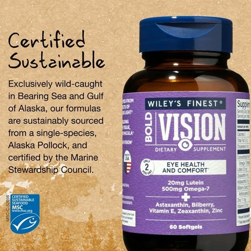 Wiley's Finest Bold Vision 500mg Omega 7 and 20mg Lutein Softgels For Eye Health, Pack of 60's