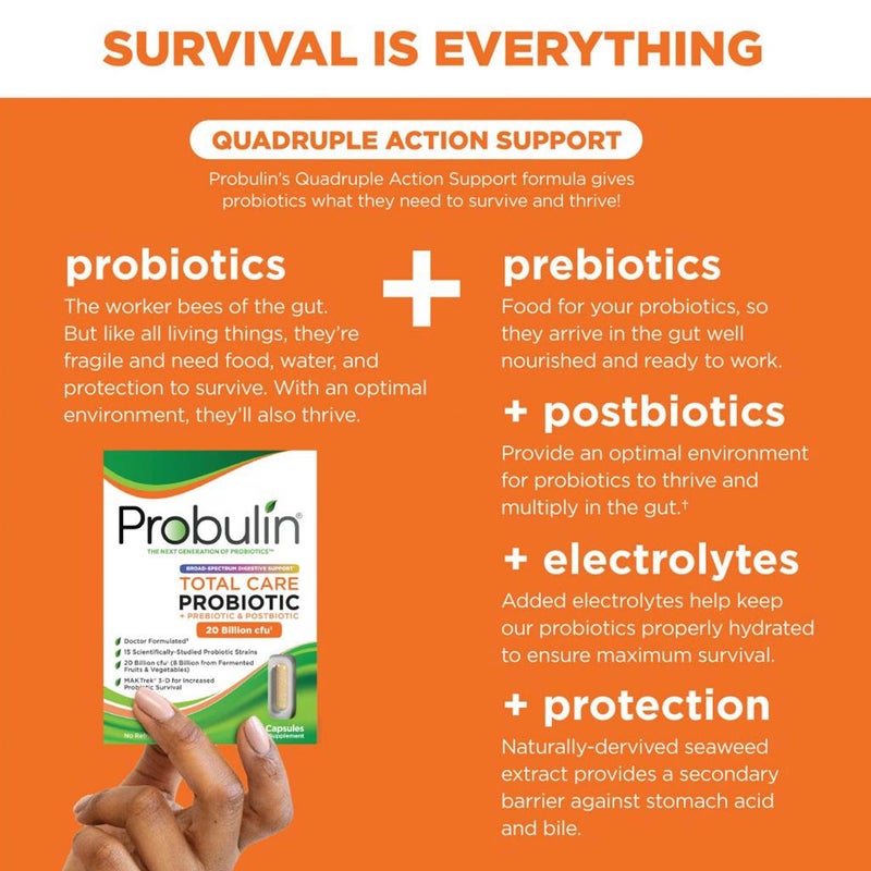 Probulin Total Care Probiotic + Prebiotic and Postbiotic Capsules For Digestive Support, Pack of 30's