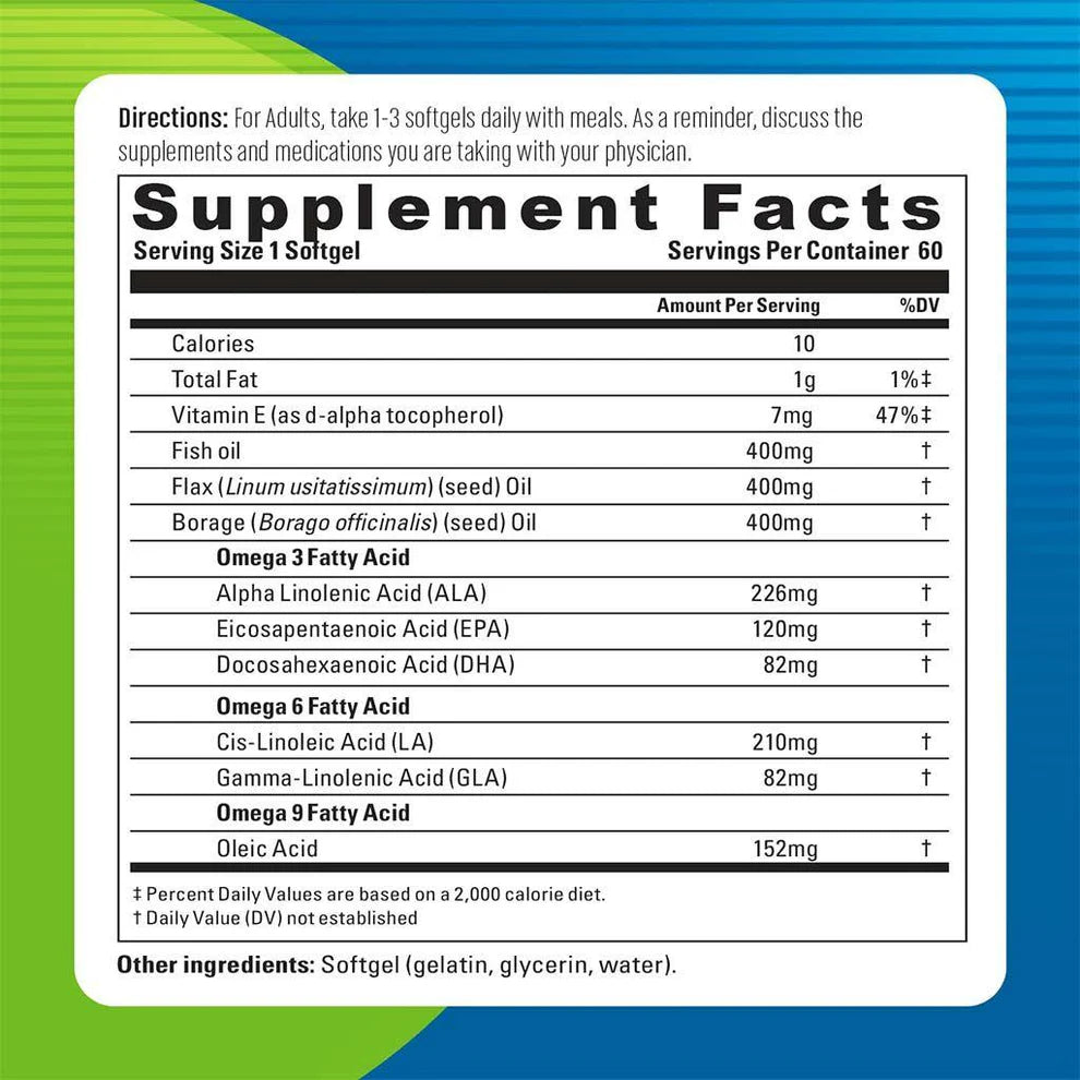 Blueberry omega 3-6-9 fish flax Borage - 60 Softgels