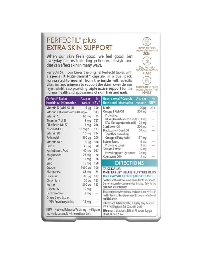 فيتابيوتيكس بيرفكتيل لدعم إضافي للبشرة، عبوة مزدوجة من أقراص الفيتامينات المتعددة 28 كبسولة + كبسولات مغذية جلدية 28 كبسولة