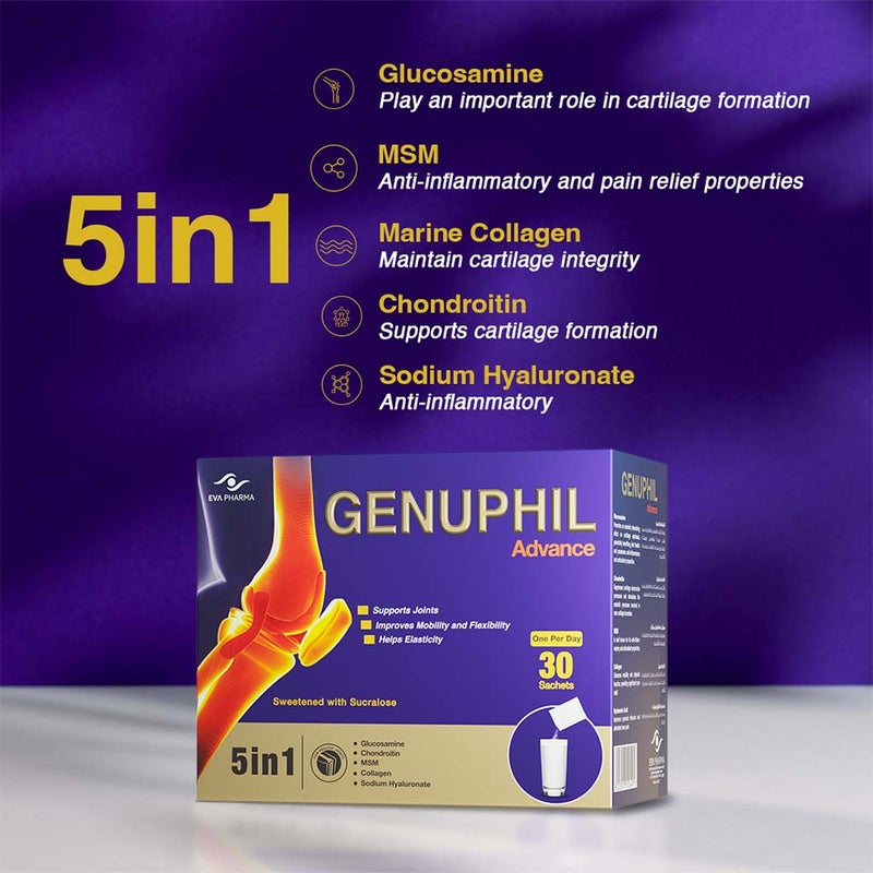 Eva Pharma Genuphil Advance 5-In-One Oral Powder Sachets For Healthy Joints, Pack of 30's