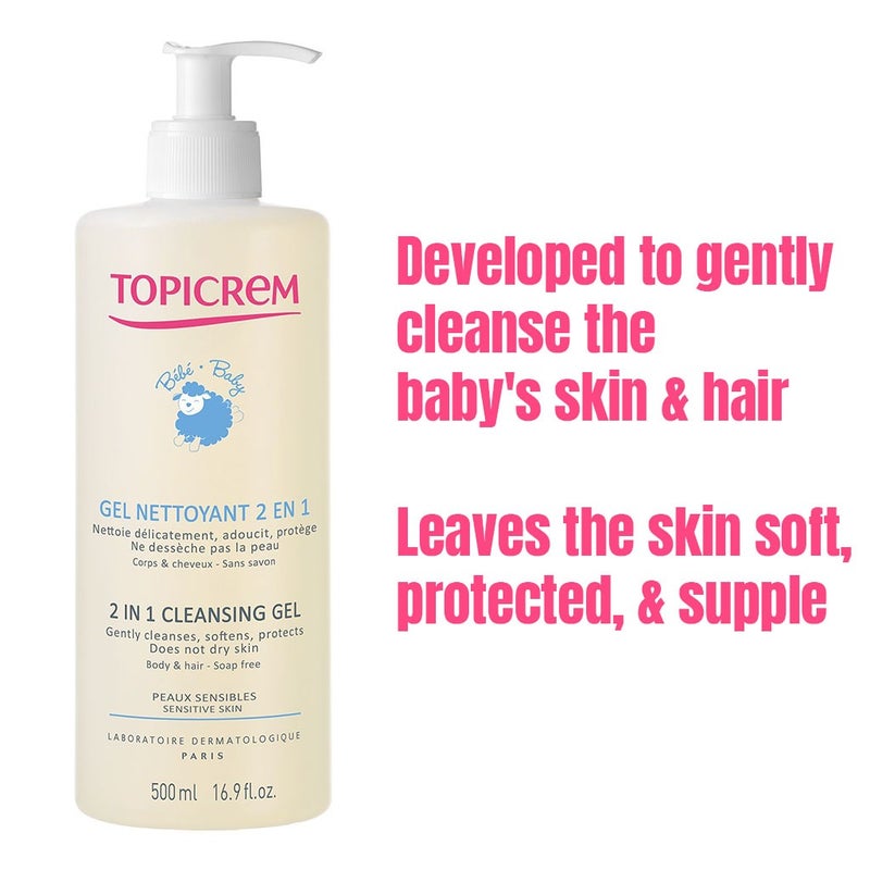 Topicrem 2 In 1 Cleansing Gel, Body & Hair Cleanser For Newborns, Baby & Children, Soap Free 500ml