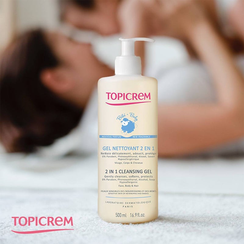 Topicrem 2 In 1 Cleansing Gel, Body & Hair Cleanser For Newborns, Baby & Children, Soap Free 500ml