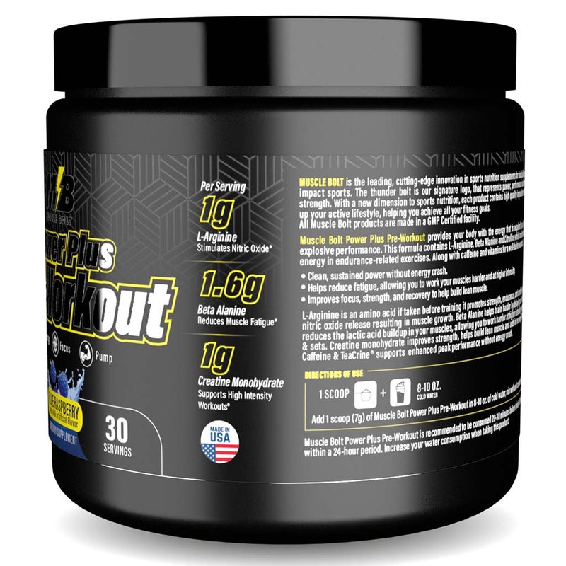 Muscle Bolt Power Plus Pre-Workout Supplement Powder With L- Arginine, Beta Alanine & Creatine Monohydrate - Blue Raspberry 210g Muscle Bolt
