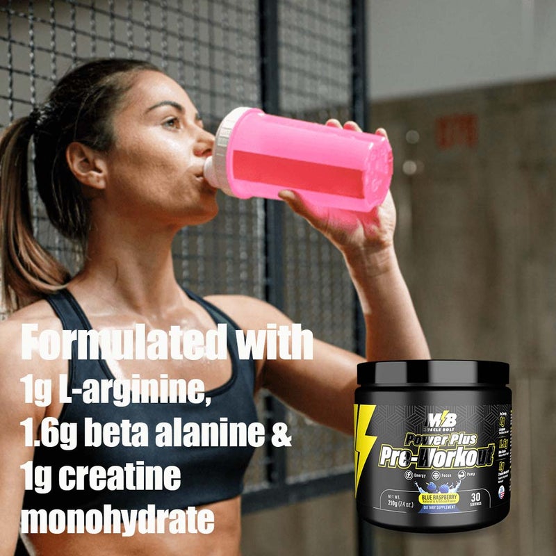 Muscle Bolt Power Plus Pre-Workout Supplement Powder With L- Arginine, Beta Alanine & Creatine Monohydrate - Blue Raspberry 210g Muscle Bolt