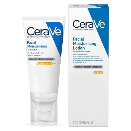 لوشن ترطيب الوجه CeraVe AM مع عامل حماية من الأشعة فوق البنفسجية SPF30 للبشرة العادية والجافة، خالٍ من العطور 52 مل