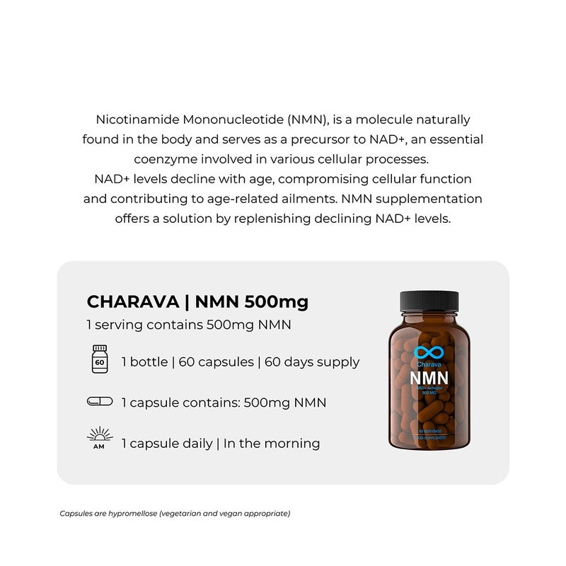 Charava NMN Antiaging Supplement NAD+ Activator 500mg Capsules, Pack of 60's