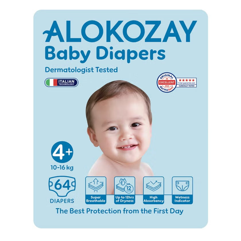 Alokozay Baby Diapers, Size 4+, 10-16kg, Pack of 64's