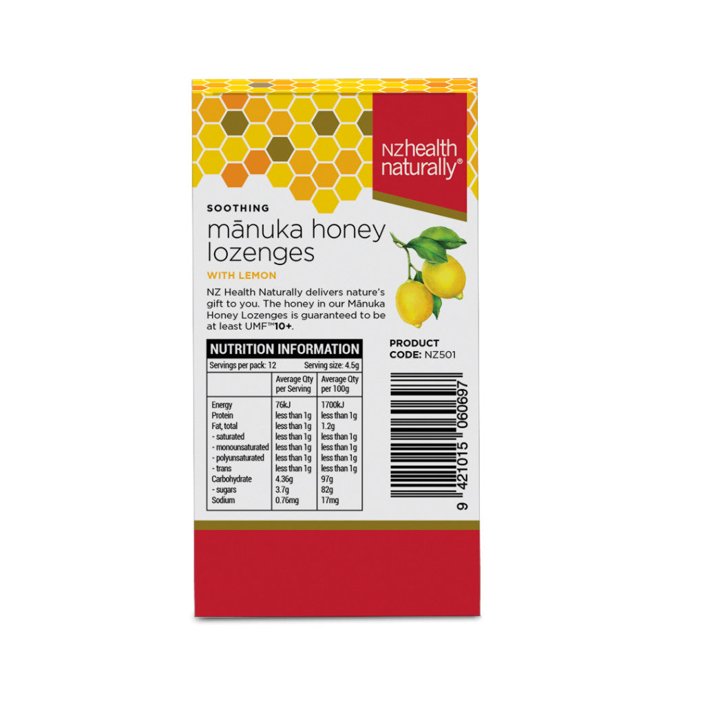 NZ Health UMF 10+ Manuka Honey Lozenges Lemon Soothing Relief with Propolis Menthol & Peppermint Oil - 12s
