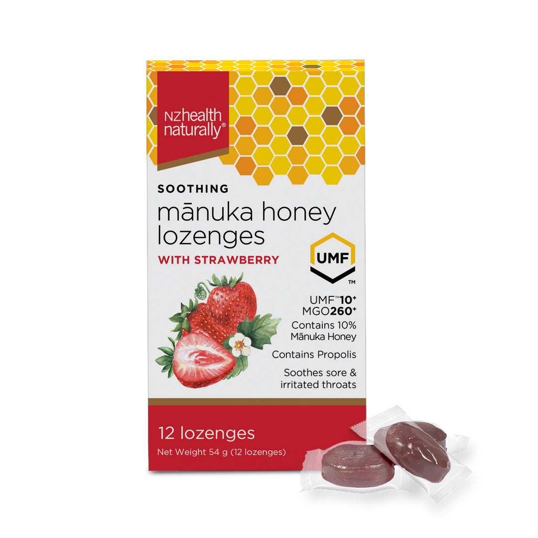 NZ Health UMF 10+ Manuka Honey Kids Lozenges Strawberry - Soothes Sore Throat with Propolis Natural & Safe - 12s