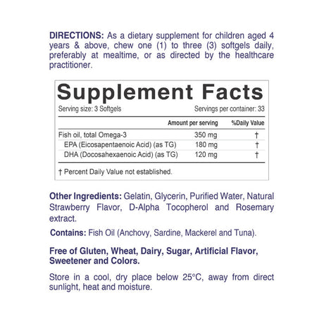 Nordic Sunshine Daily Omega-3 Kids 350mg, Brain, Eye & Immune Support - 100 Chewable Softgels