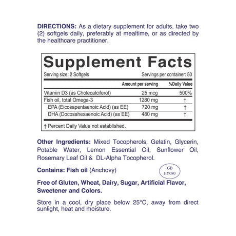 Nordic Sunshine Omega 1280mg with Vitamin D3 25mcg, High Potency EPA+DHA - 100 Softgels