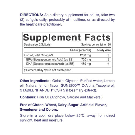 Nordic Sunshine High Potency Omega-3 1280mg - Heart, Brain, Joint & Skin Support, Triple Strength - 100 Softgels
