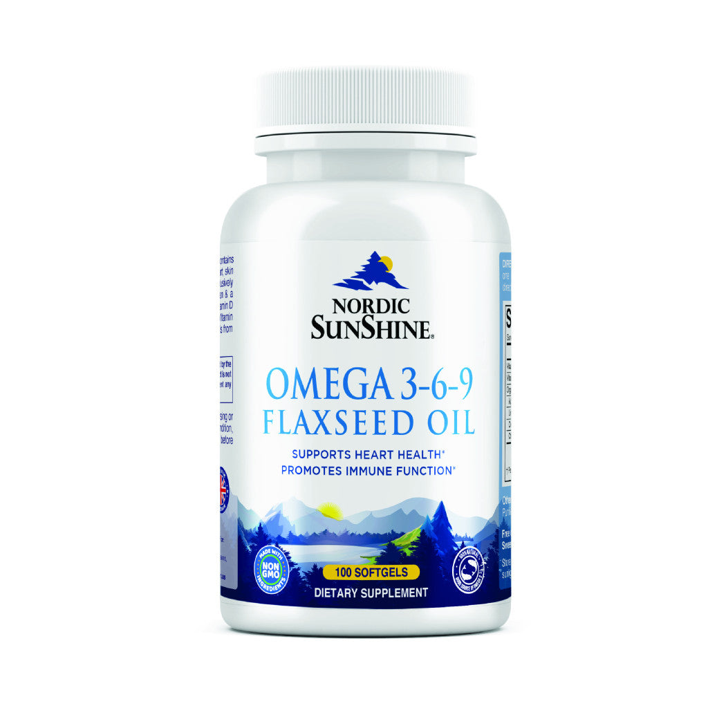 Nordic Sunshine Omega 3-6-9 Flaxseed Oil 1000mg, ALA-Rich Plant-Based Formula with Vitamin D & E for Heart, Brain -100 Softgels
